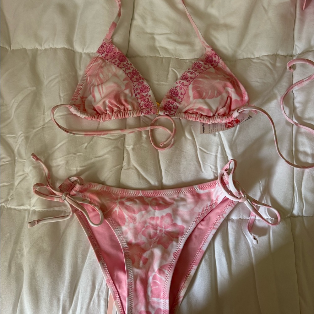 Pink Palm Puff Floral Bikini Set - Pink